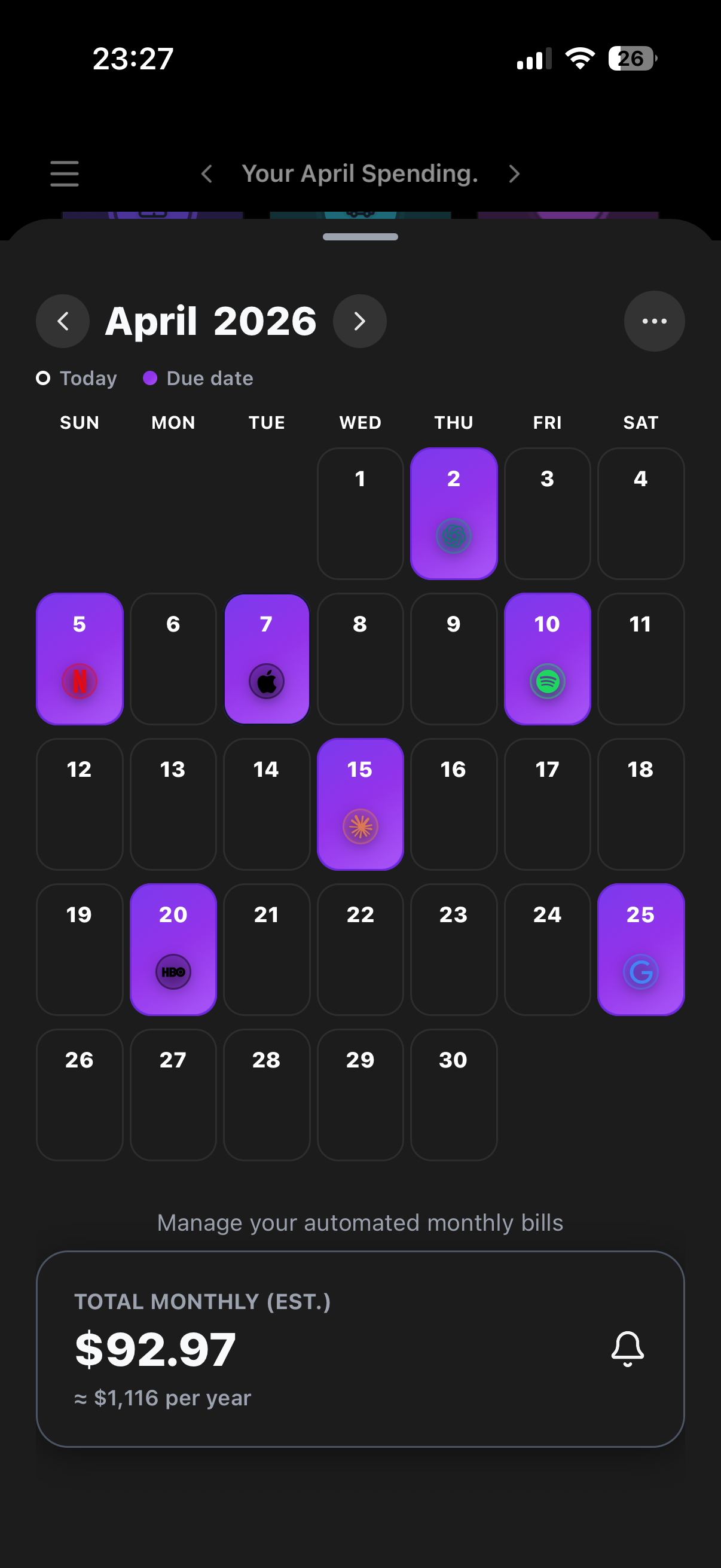 Budgefy subscription calendar april screen